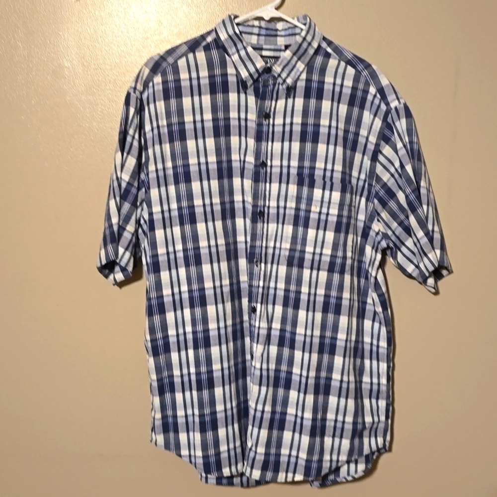 Lands End Button Down Short Sleeve Plaid Shirt Blue Mens‎ Size Large